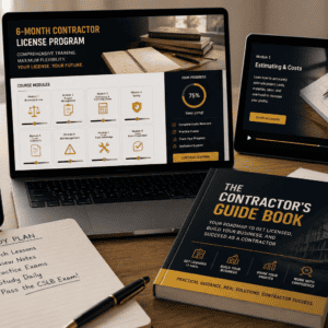 Online contractor license training program with study materials and tablets.