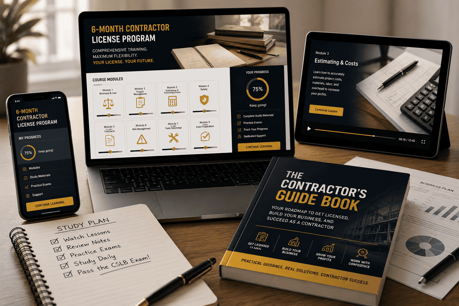 Online contractor license training program with study materials and tablets.