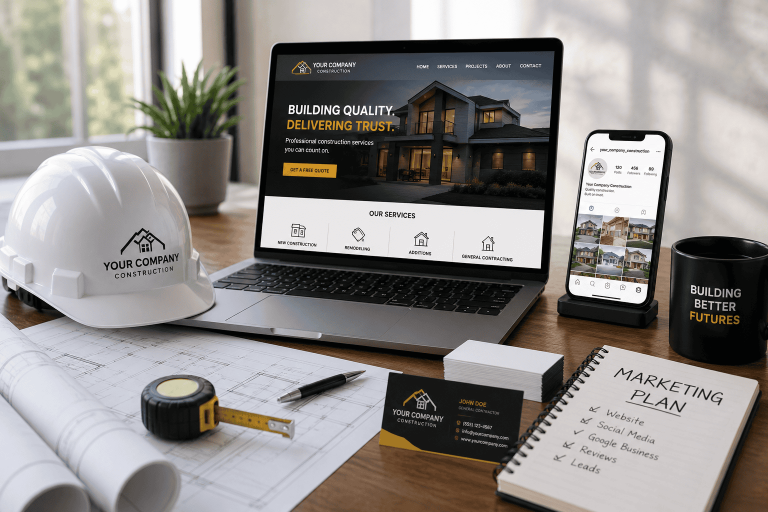 Construction company website displayed on laptop and phone with marketing materials on desk.
