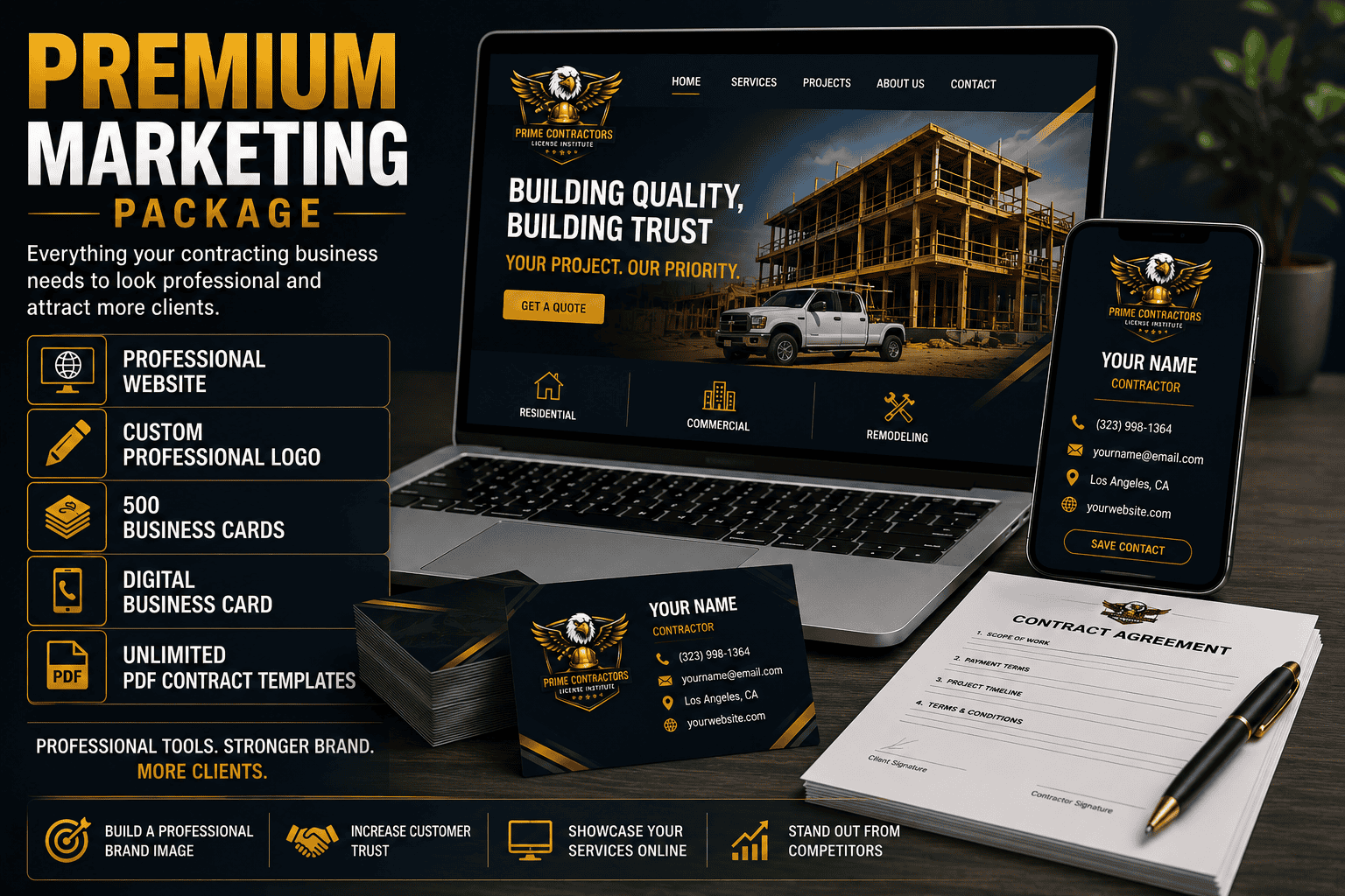 Prime Contractors License Institute marketing package showcasing construction and branding tools.