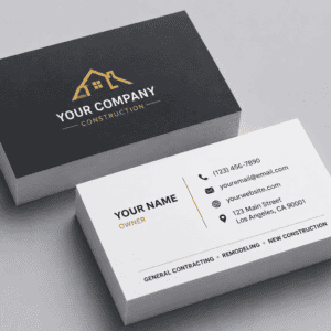 Business card design for construction company with logo and contact details.