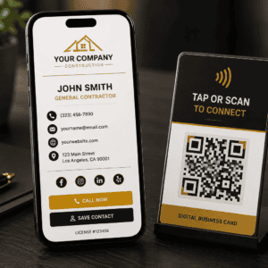 Digital business card for construction company with contact info and QR code.